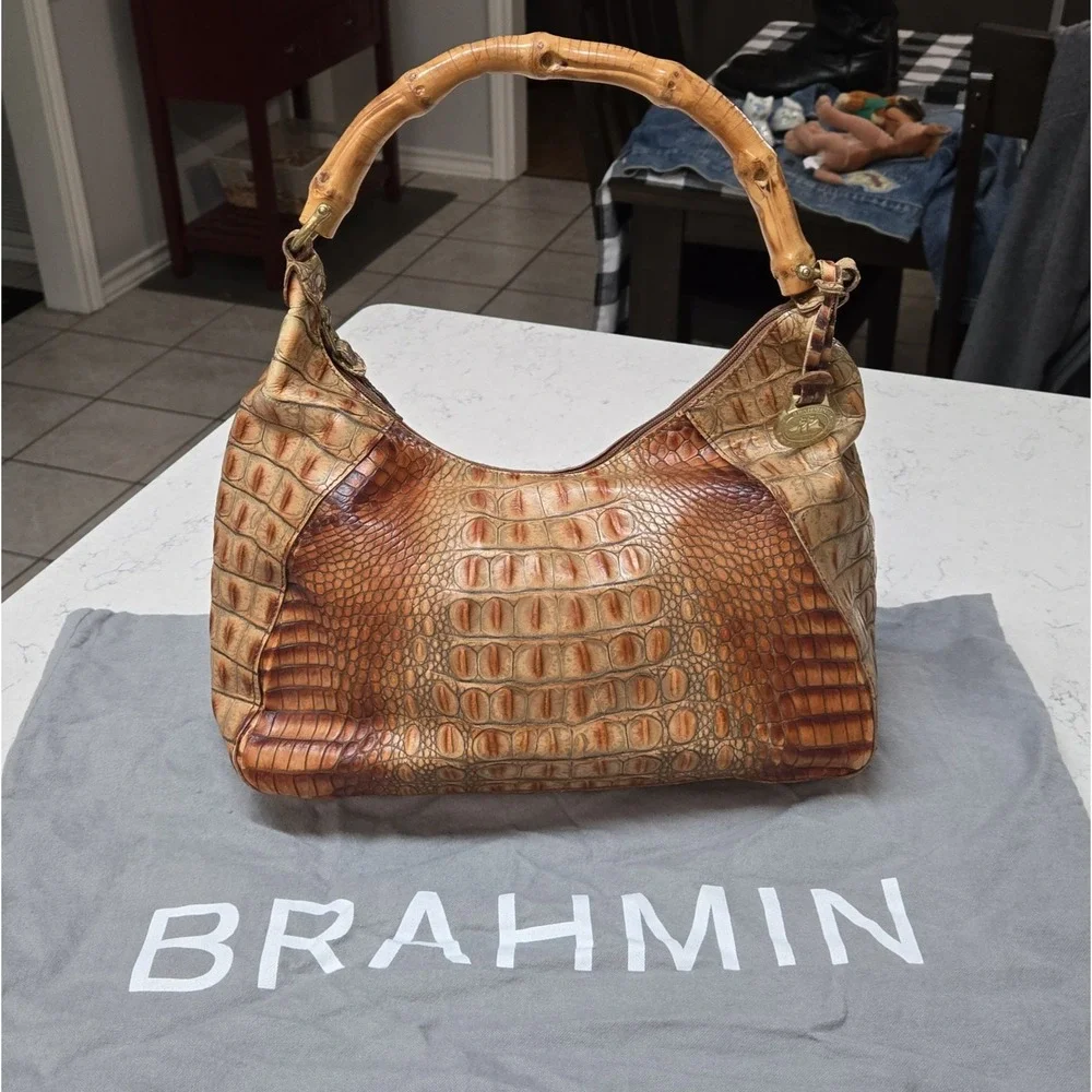 Vtg Brahmin Satchel Bamboo Top Handle Croc Embossed Cognac w Dust Bag READ